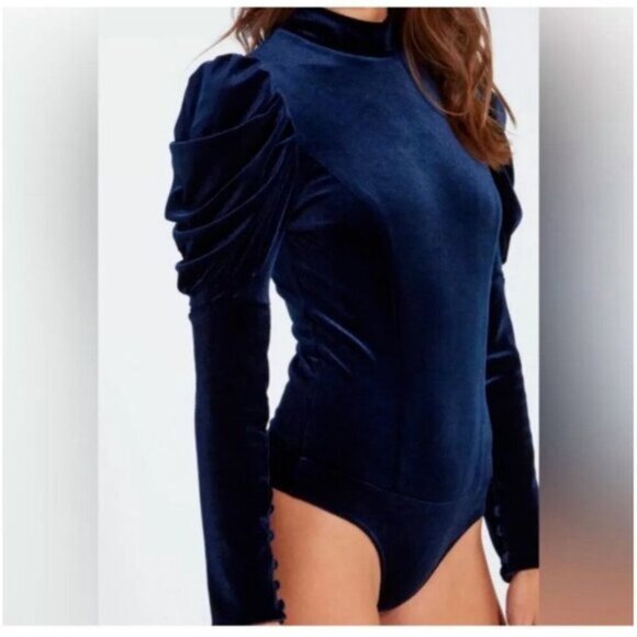 NWT Misa Los Angeles Velvet Midnight Blue Velvet Puff Sleeve Bodysuit Size XS - Picture 3 of 12